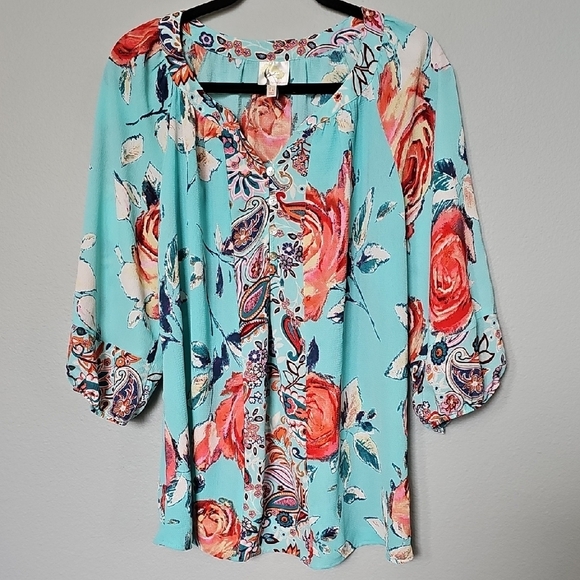 Fig and Flower Aqua Turquoise Blue Mixed Floral Boho Hippie Blouse 1X - Picture 1 of 9